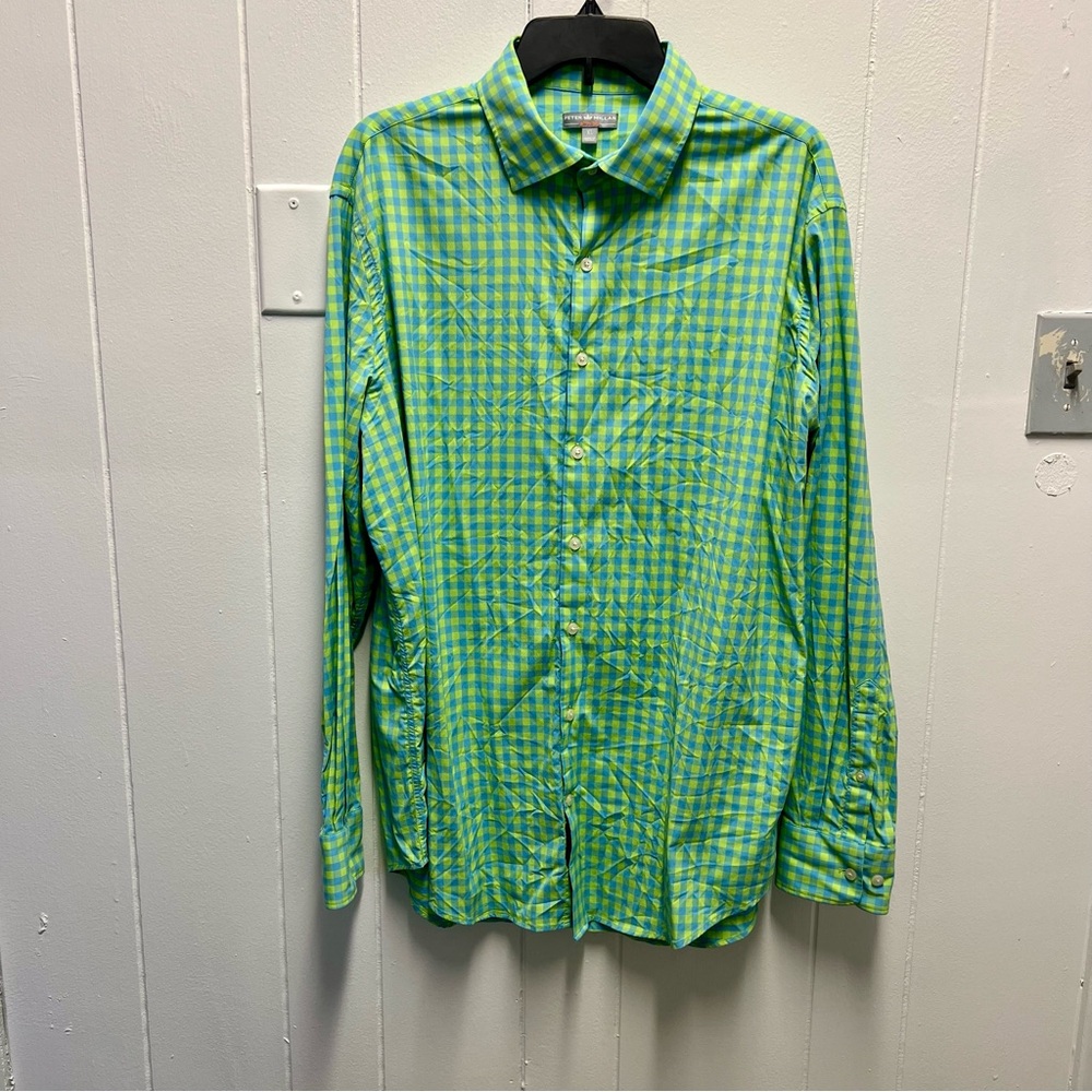 Peter Millar Wicking Long Sleeve - Men’s Blue & Green Gingham Large